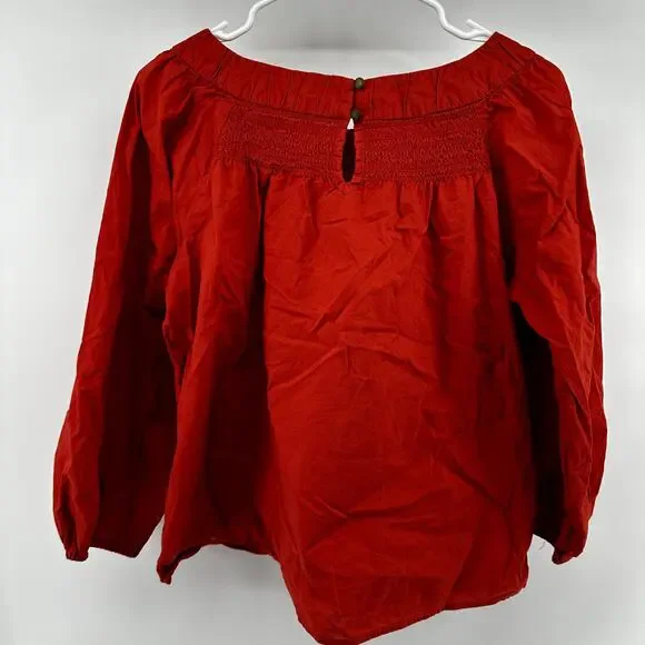 Anthropologie Maeve Jessie Smocked Swing Blouse Puff Sleeve 100% Cotton Coral S - Picture 6 of 6